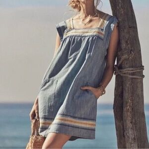 FAHERTY Hailee Stripe Trim Shift Dress In Indigo Ombre Stripe Size Small